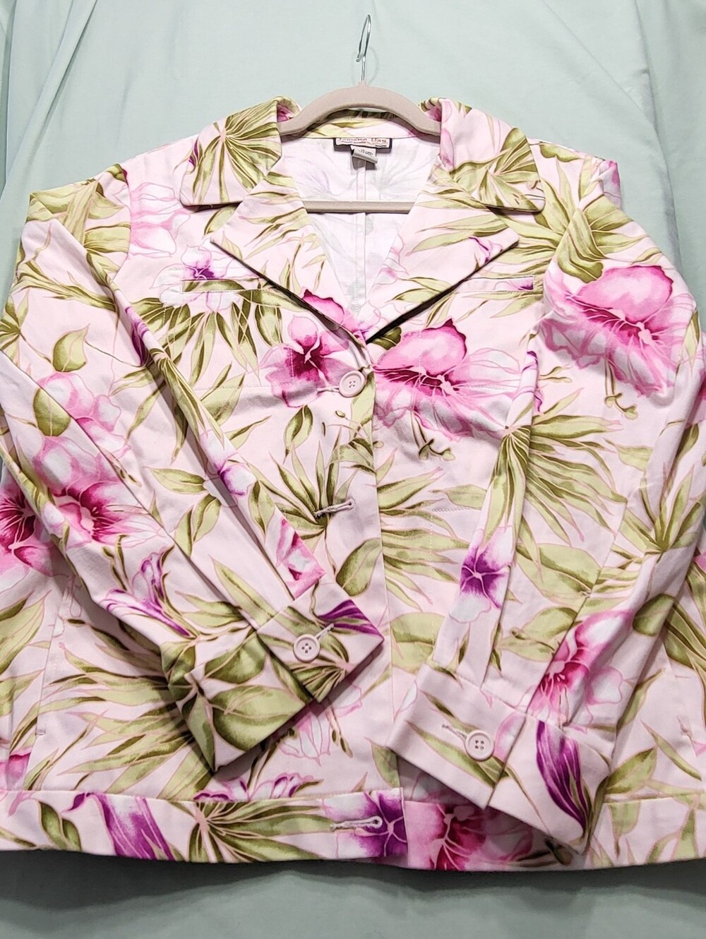 Palm Royale Floral Pink & Green Tropical Cotton Spandex Button Jacket 1X